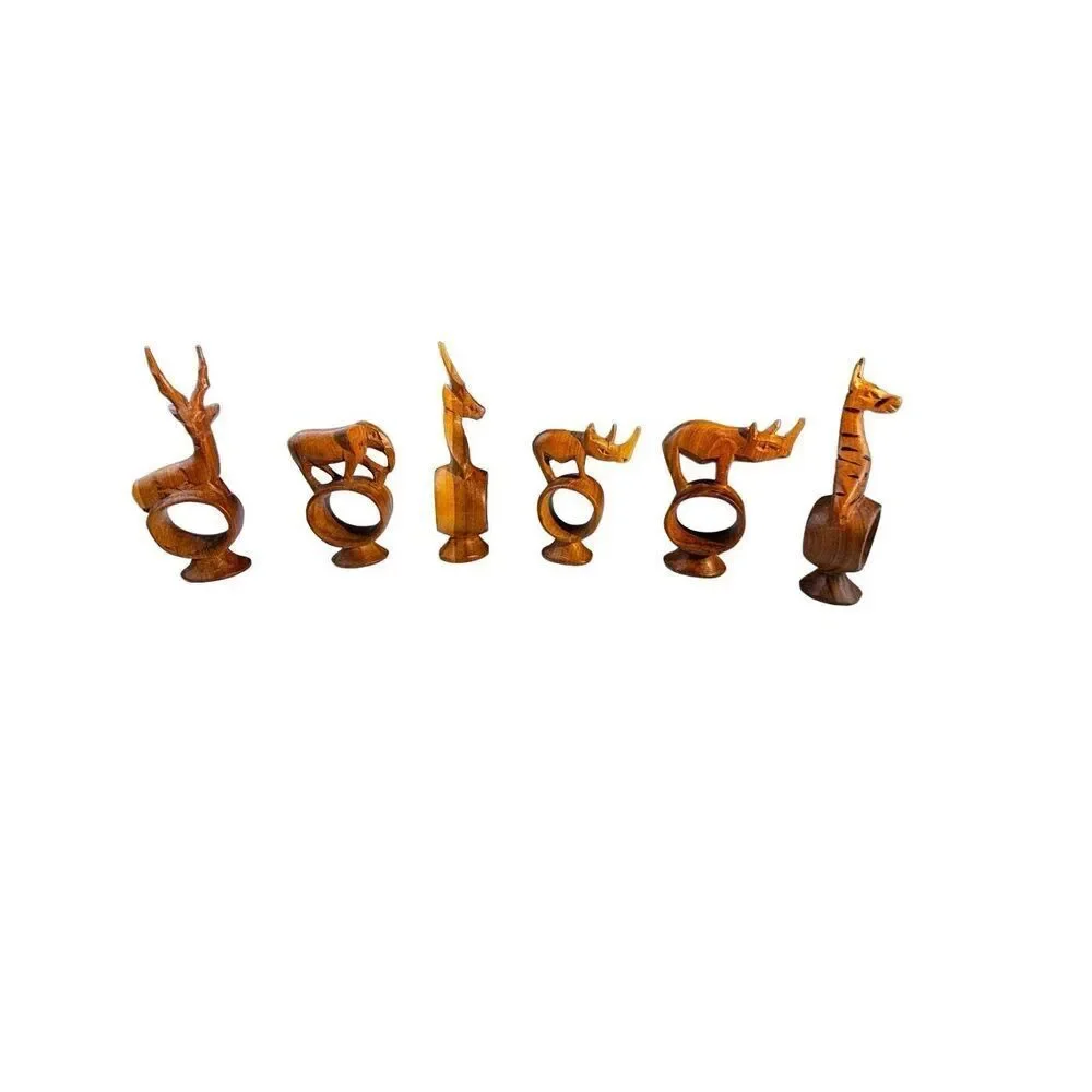 African hand Carved Teak Wood Napkin Rings, Set of 6